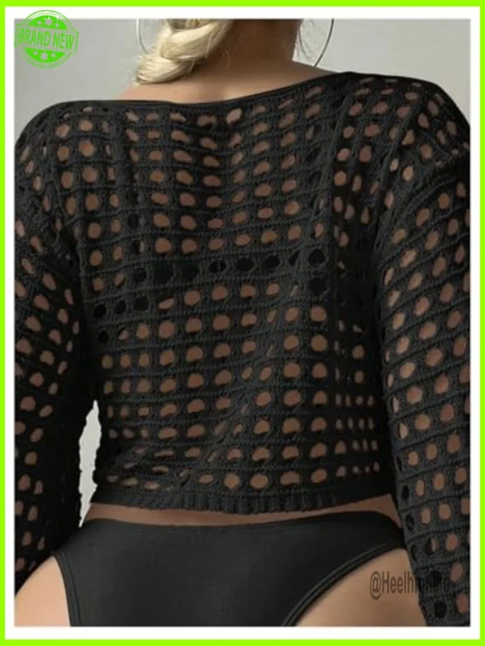 Crochet Long Sleeve Coverup Top, Hollow Out Knit, Beachwear, X-Large